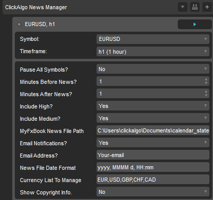 cTrader News Manager Parameters